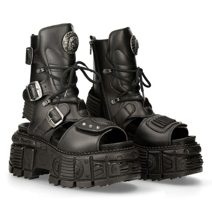 New Rock Unisex Black Vegan Leather Sandal Boots- Bios107-V1