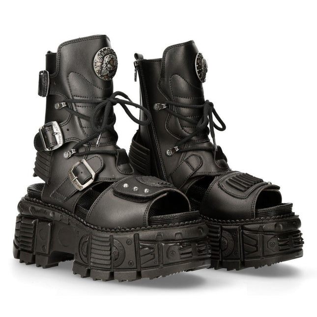 New Rock Unisex Black Vegan Leather Sandal Boots- Bios107-V1