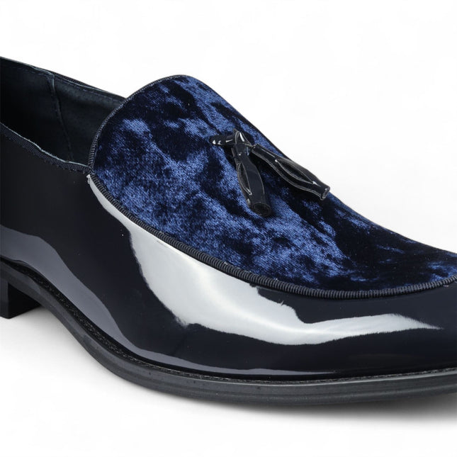 Men's Navy Velvet Tassel Loafers Formal Patent Dress Shoes