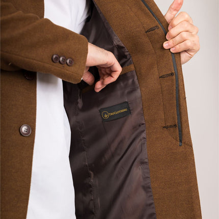 Men's Brown Stand Collar Wool Blend Overcoat