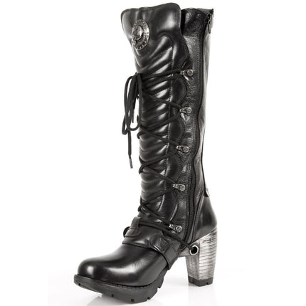 New Rock Ladies Black Buckle Laced Knee-High Boots - TR004-S1