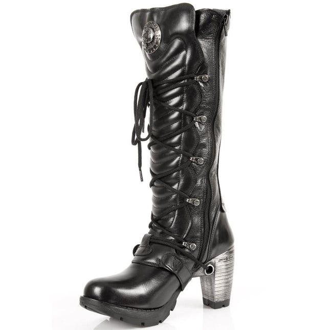 New Rock Ladies Black Buckle Laced Knee-High Boots - TR004-S1