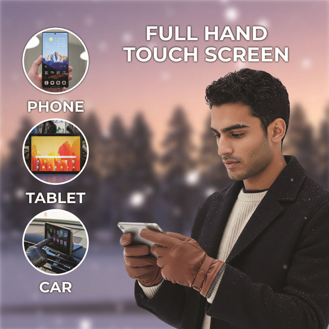 Men’s Tan Brown Italian Leather Warm Wool Lining Winter Knit Rib Gloves - M-LGV-105