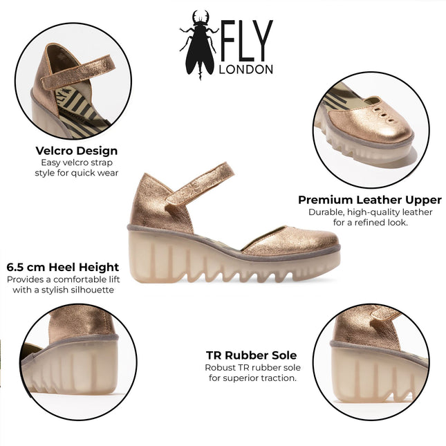 Fly London Women's Sahara Gold Biso305Fly Laminato Leather Wedge Sandals