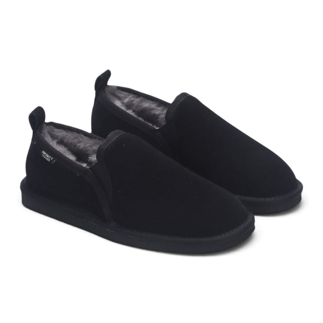 Men's Black Genuine Sheepskin Suede Slipper Winter Moccasins - Cedar