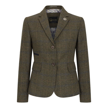 Women's Olive Tailored Fit Tweed Blazer in Herringbone Check