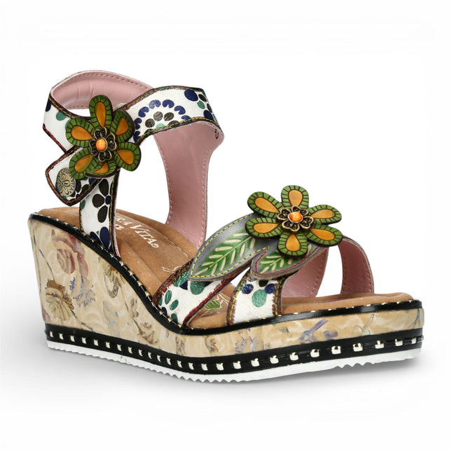 Laura Vita Women's Ballon 08 Beige Floral Leather Wedge Espadrille Sandals