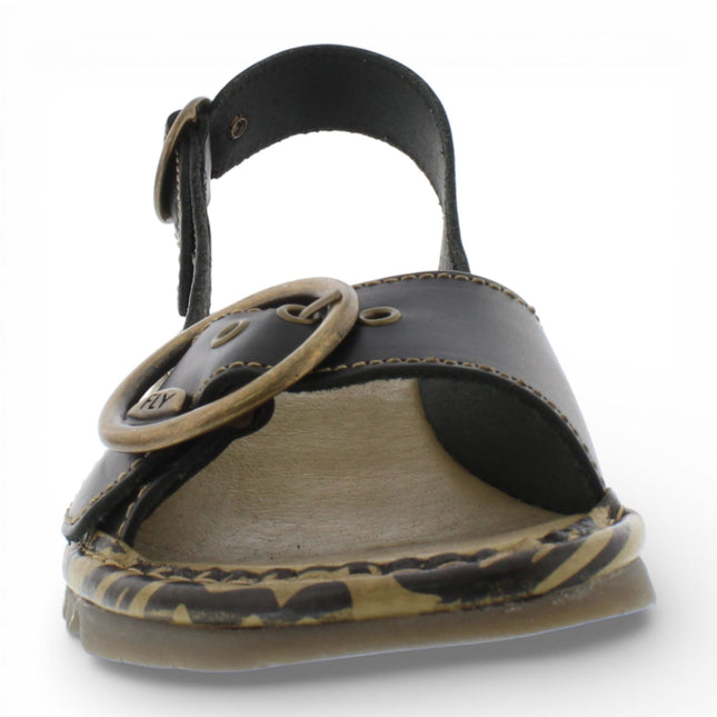 Fly London Women's TRAM723FLY Black Leather Wedge Sandals