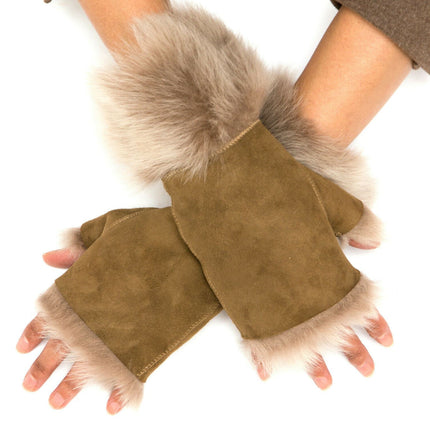 Womens Shearling  Mittens Fingerless Cuffs Toscana Suede Sheepskin Fur