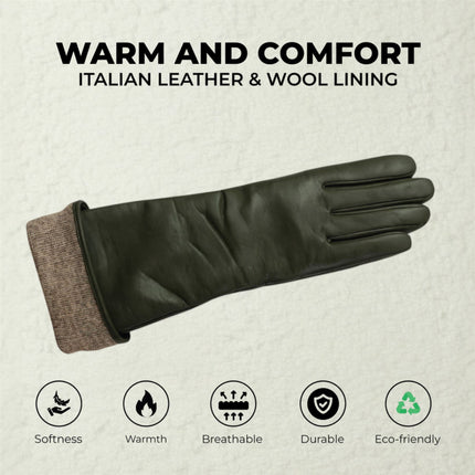 Womens Long Olive Green Italian Leather Winter Soft Wool Lining Gloves