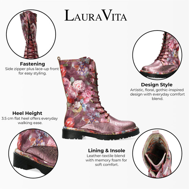 Laura Vita Incaso-18 Burgundy Floral Womens Gothic Victorian Leather High Boots