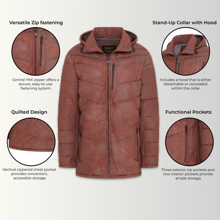 Men's Tan Brown Leather Quilted Jacket Hooded Puffer Winter Coat - Olyic