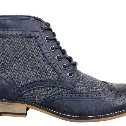 Mens Classic Tweed Oxford Ankle Boots In Navy Leather