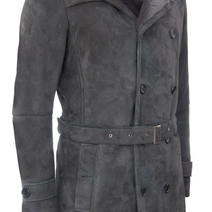 Mens Shearling Sheepskin Suede Pea Coat-Cali