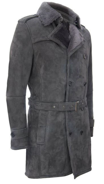 Mens Shearling Sheepskin Suede Pea Coat-Cali