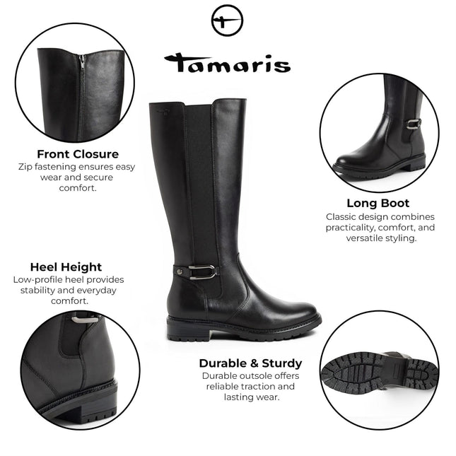 Tamaris Women’s Black Leather Knee High Platform Heel Long Boots - 25609-47