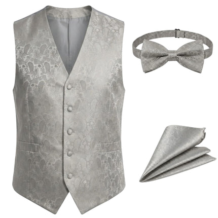 Men's Grey Paisley Floral 3 Piece Waistcoat Bow Tie Hankie Set - Robert
