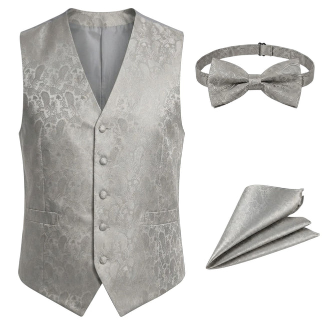 Men's Grey Paisley Floral 3 Piece Waistcoat Bow Tie Hankie Set - Robert