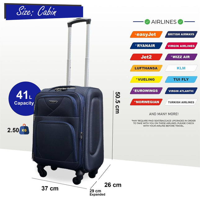 Expandable Soft Shell Cabin Suitcase 50.5 x 37 x 26 cm Luggage Suitable for Easyjet, Ryanair
