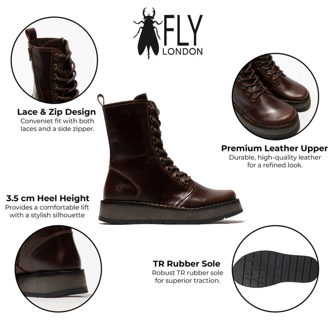 Fly London Womens Brown Rami043 Casual Leather Lace-Up Ankle Dress Boots