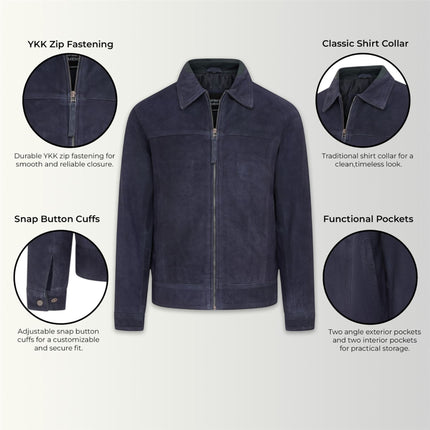 Mens Navy Goat Suede Leather Harrington Biker Jacket - Berlin