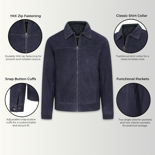 Mens Navy Goat Suede Leather Harrington Biker Jacket - Berlin