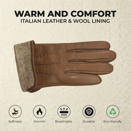 Womens Tan Brown Italian Leather Winter Stitch Line Design Soft Wool Lining Gloves - L-GLV-301