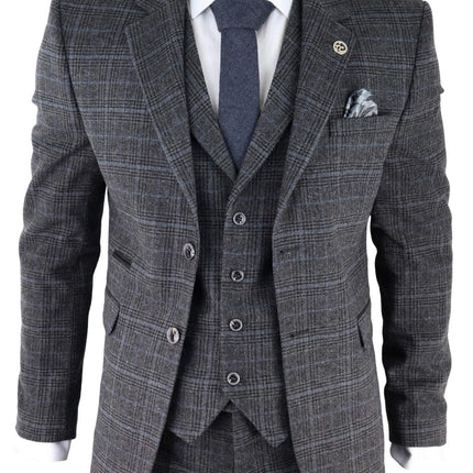 Mens Grey Check 3 Piece Tweed Suit Peaky Blinders 1920s Gatsby Tailored Fit
