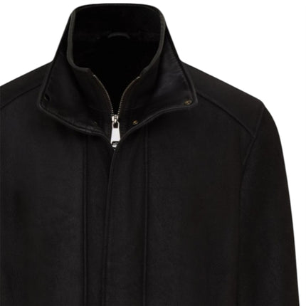 Mens Black Leather Funnel Neck Collar Coat Jacket - Thomas