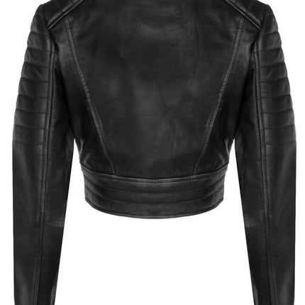 Womens Cropped Brando Leather Biker Jacket-Damascus