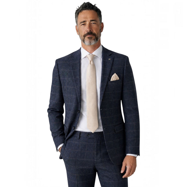 Men's Navy Tweed Herringbone Formal Check Blazer - Harris