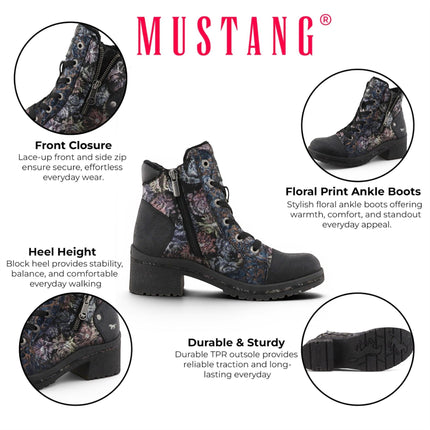 Mustang Women's Black Floral Lace-Up Winter Ankle Boots - M0092001