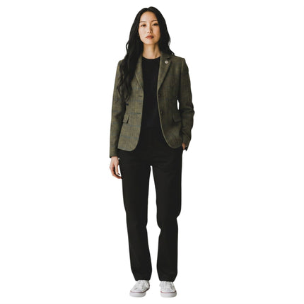 Women's Olive Tailored Check Tweed Blazer Formal Jacket - TPSTZ-7