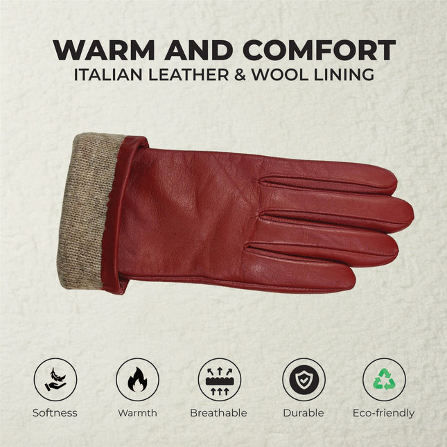 Womens Burgundy Red Italian Leather Winter Bow Design Soft Wool Lining Gloves - L-GLV-401