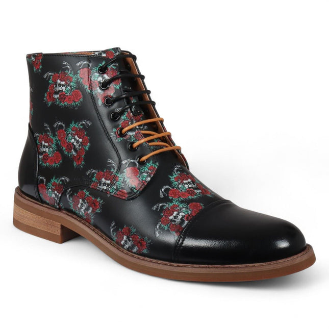 Justin Reess Men's Black Floral Skull Print Leather Oxford Ankle Boots - Adam Skull