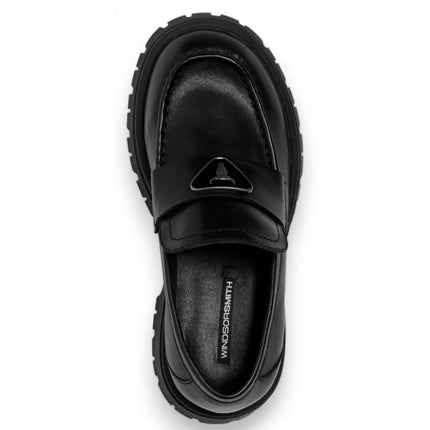 Windsorsmith Womens Black Leather Platform Chunky Loafers Shoes - Throne