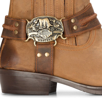 Mens Leather Cowboy Ankle Boots Brown Tan Biker Western Square Toe Hunting Boot