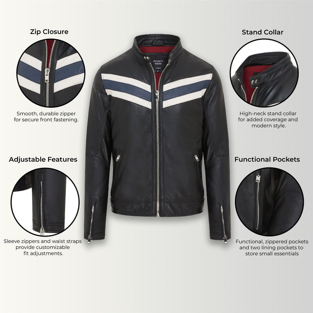 Men's Black Striped Café Racer Biker Leather Motorcycle Jacket