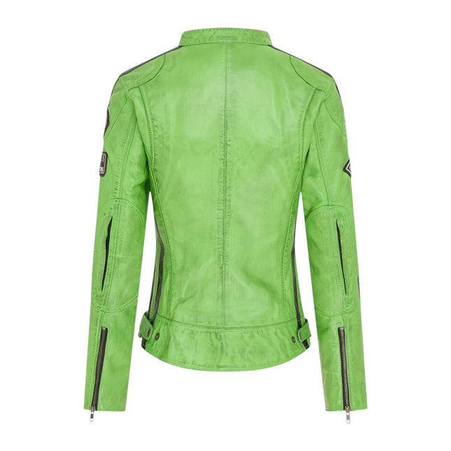 Womens Biker Racing Badges Green Leather Jacket-Eastleigh