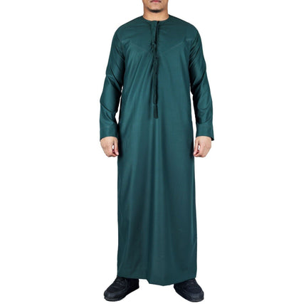 Men's Green Thobe Emirati Islamic Jubba Robe Eid Tassel Slim Fit