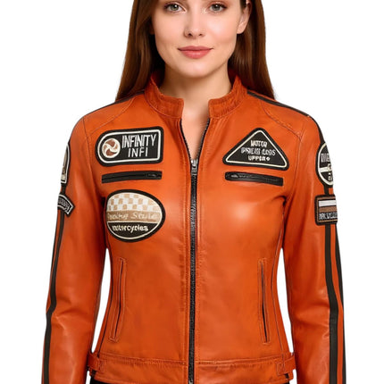 Womens Biker Racing Badges Leather Jacket-Eastleigh