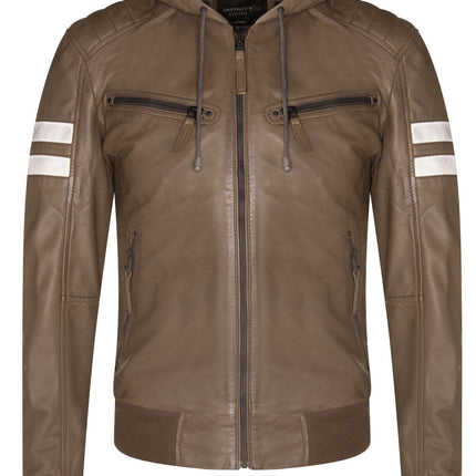 Mens Leather Hooded Retro Bomber Jacket - Skopje
