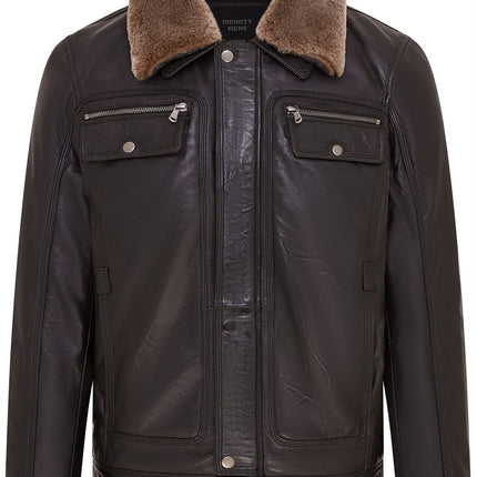 Mens Leather Jacket Trucker Removable Sheepskin Collar Casual Jacket