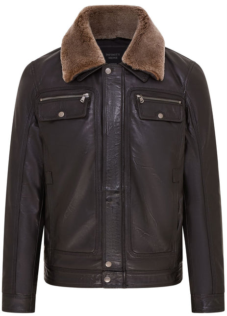 Mens Leather Jacket Trucker Removable Sheepskin Collar Casual Jacket