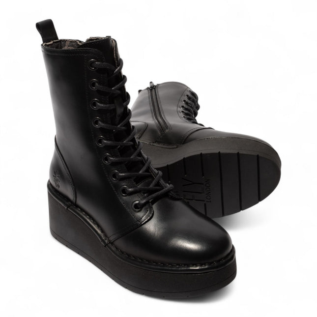 Fly London Womens Black Hait273 Leather Lace-Up Chunky Platform Ankle Boots