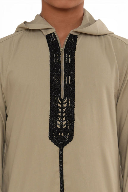 Kids Boys Grey Eid Hooded Moroccan Thobe Robe Djellaba Ramadan Jubba- K-HM3