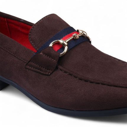 Men's Brown Suede Loafers with Gold Buckle Slip-On Dress Shoes