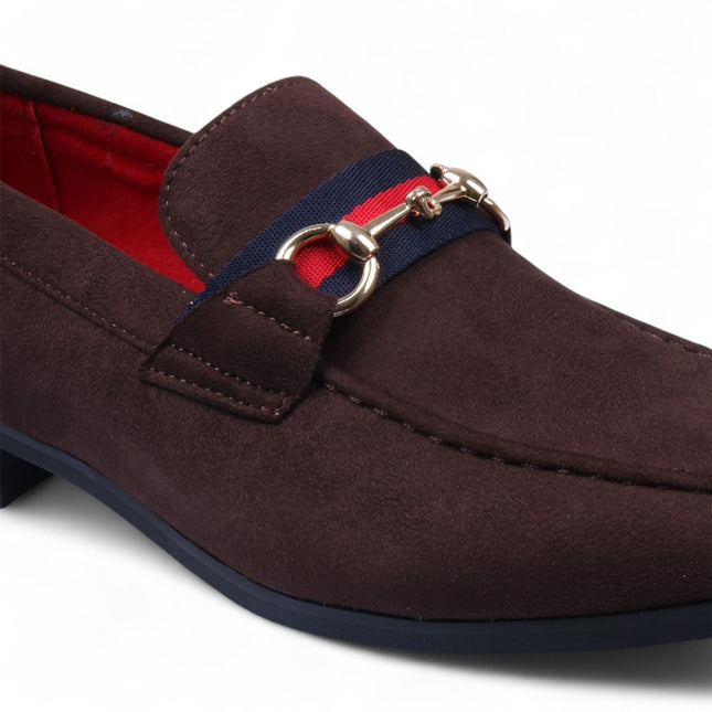 Men's Brown Suede Loafers with Gold Buckle Slip-On Dress Shoes