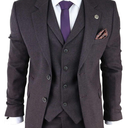 Mens Purple Plum 3 Piece Tweed Herringbone Suit Peaky Blinders Classic Tailored