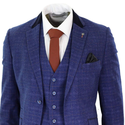 Mens 3 Piece Blue Tweed Check Vintage Classic Suit